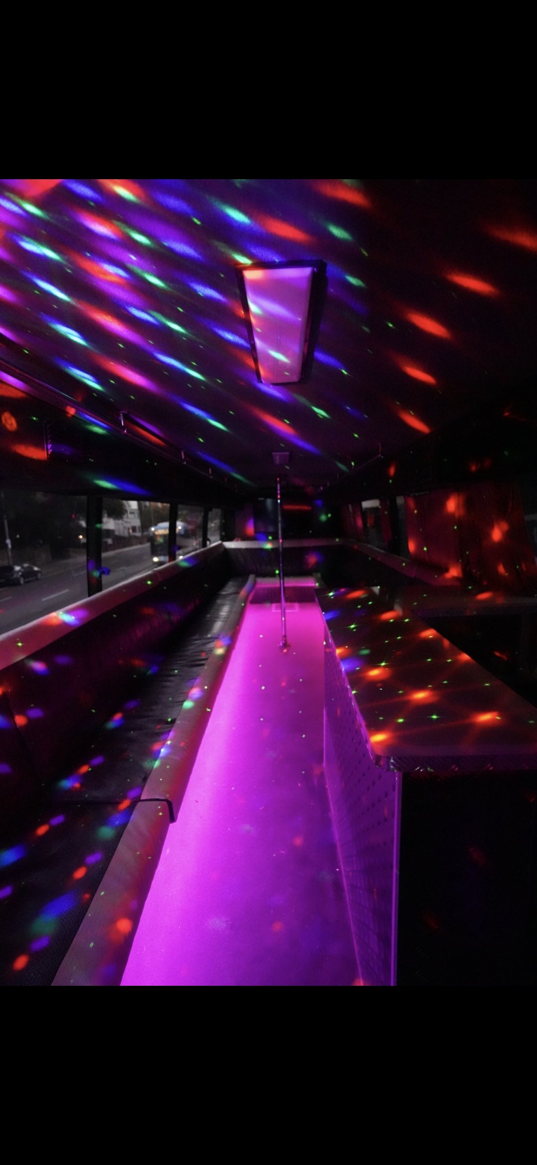 NSW Party and Rescue Fire Bus interior purple lighting